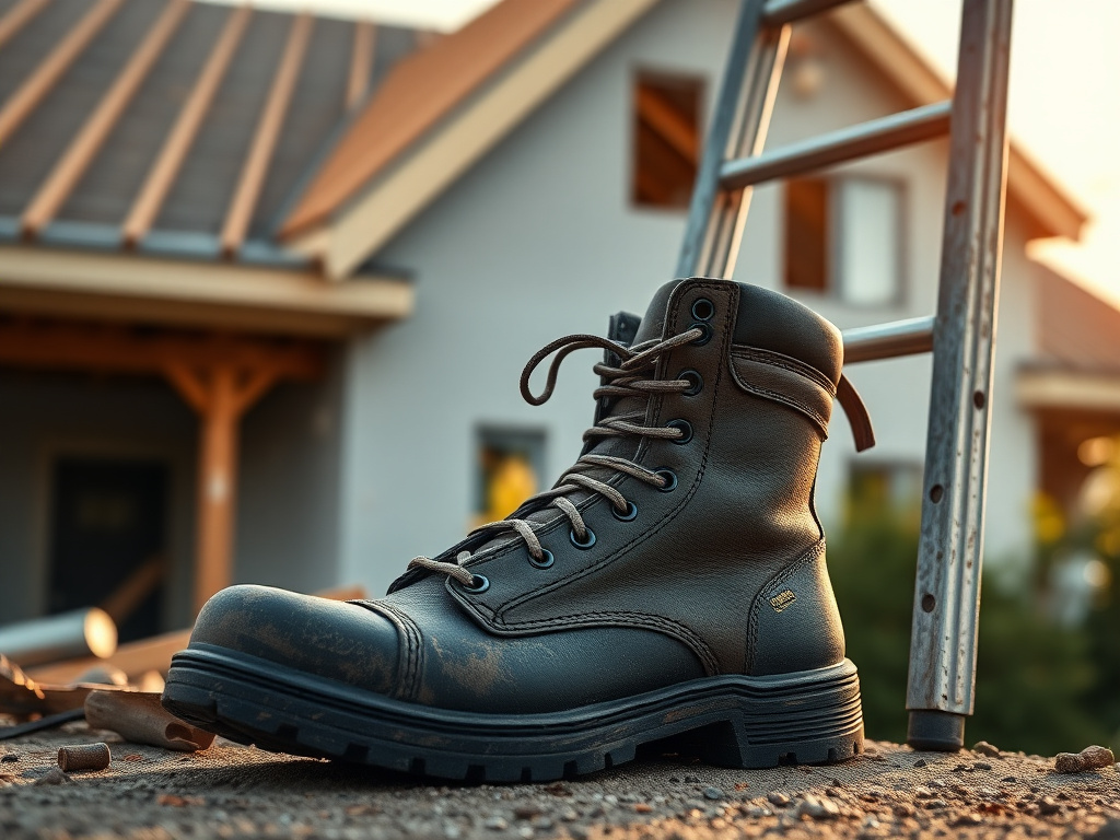 Weathered work boots and a ladder against a roof under construction