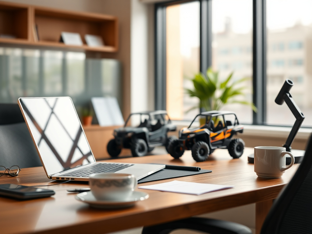Insurance agent's desk with laptop, phone, and a model UTV