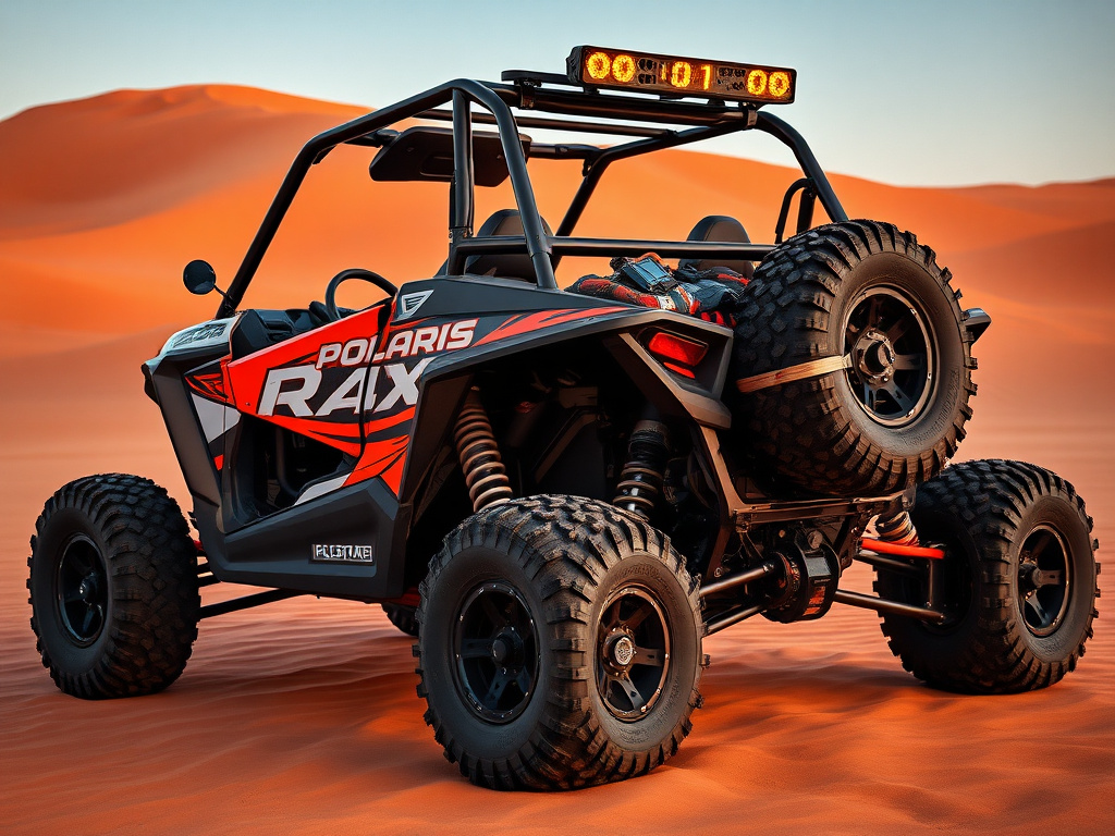Fully built desert-race-spec Polaris RZR with roll cage and recovery gear